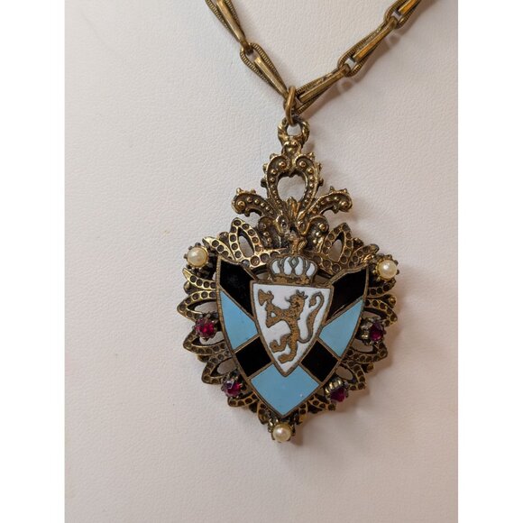 Vintage Brass Necklace Heraldic Shield Pendant W/ Lion Enamel & Rhinestones 15" - Picture 3 of 9